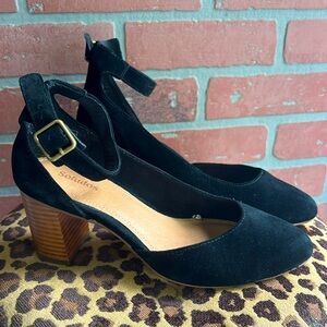 Soludos Black Suede Block Heel Pumps with Ankle Strap